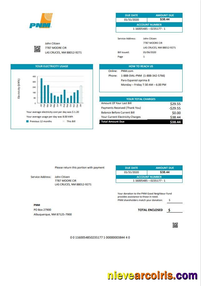 USA New Mexico PNM utility bill
